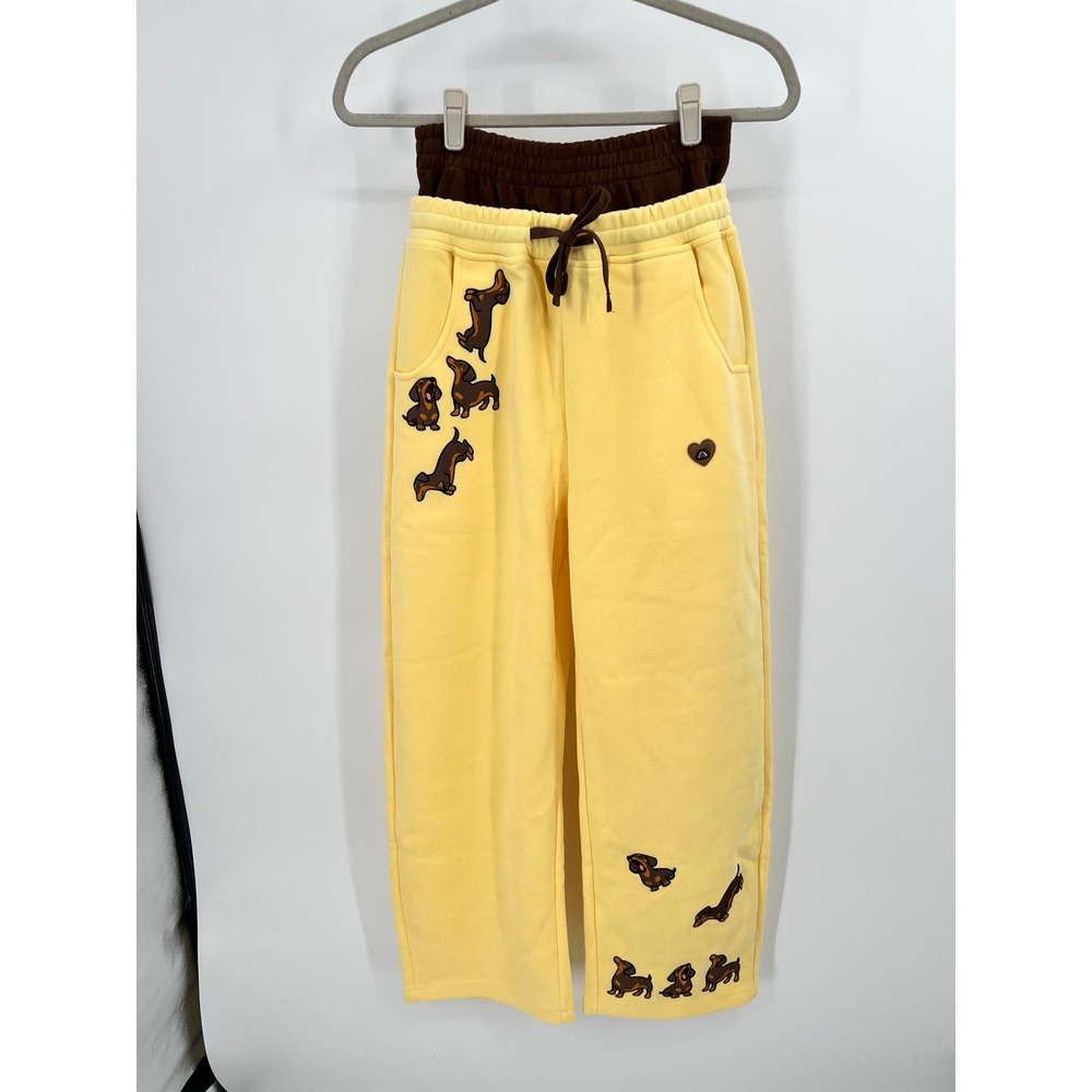 Aelfric Eden Yellow Double Waistband Dachshund Dog Embroidered Sweatpants S NWT